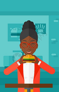 在快餐店里吃汉堡的非裔女子矢量图图片