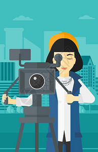 亚洲女摄影师城市背景矢量插图图片