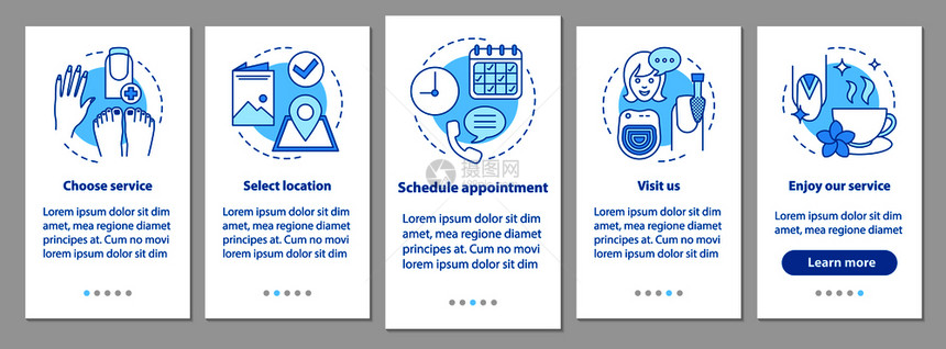 装有线概念的移动应用程序页面屏幕上的指甲沙龙修师的指定服务步骤图形指示uxi带插图的gui矢量模板图片