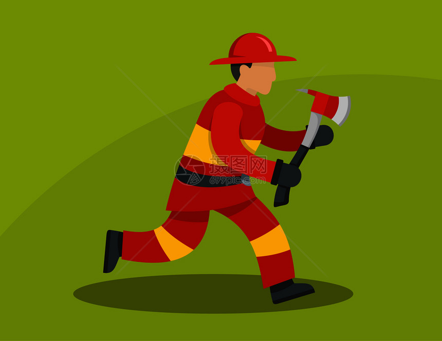 消防员手拿消防斧头奔跑卡通矢量插画图片