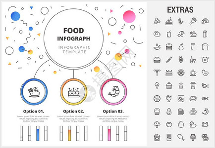 活页图包括可定制的条形图配有食品成分的线条图标餐饮水果和蔬菜零食快餐等背景图片
