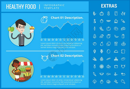 健康食品活材料模板元素和图标表包括可定制的图表配有食品板的线图标餐饭食料饮计划鱼类蔬菜肉等健康食品活材料模板元素图标插画