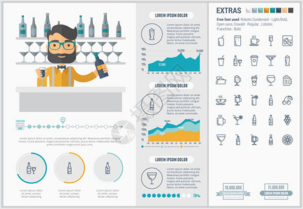 该模板包括潮男插图和一套巨大的细线图标现代最起码的平板矢量设计饮用平板设计插图模背景图片