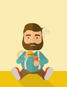坐在地上的男人一个坐在地上吃汉堡和苏打饮料的胖子食物概念一种当代风格面糊调色盘软蜜蜂背景矢量平面设计图垂直布局上面有文字空间脂肪人一边吃坐着插画