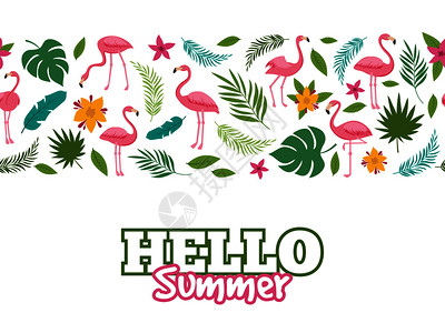 热带树叶和火烈鸟夏季海报背景设计图片