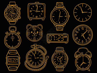 金色手表涂鸦闹钟矢量组合元素图片