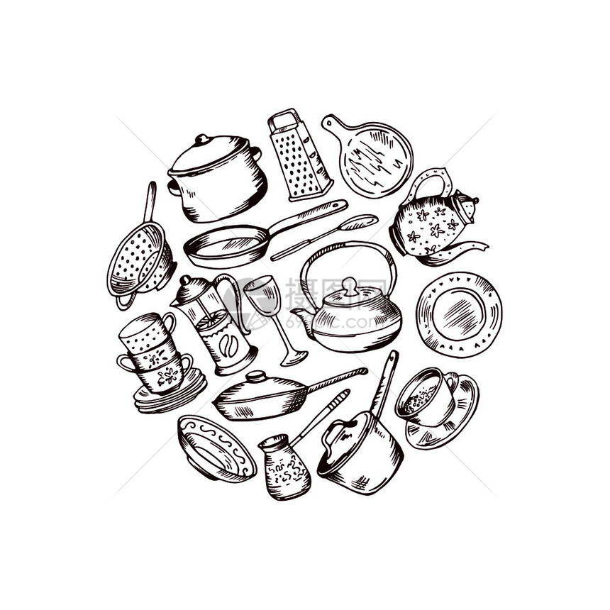 以圆形图示绘制的矢量手工厨房用具图片