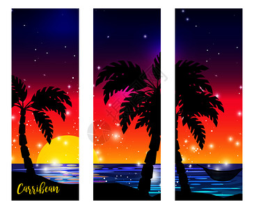 阿玛菲海岸带有棕榈树双影和海洋日落矢量插图设计图片