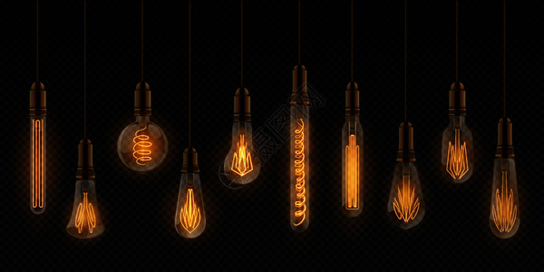 索尔万现实的灯泡电光室内装饰元素挂在线上的灯泡矢量在透明背景上设置现实的活灯泡现实的电光挂在线上的灯泡插画