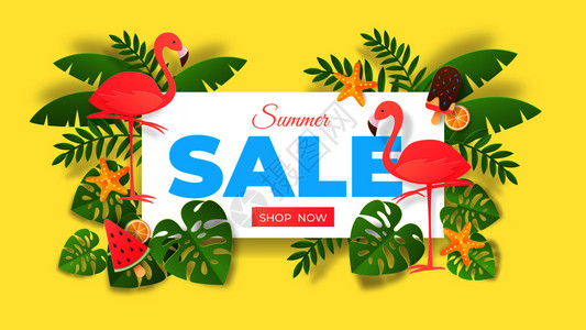 夏季销售火烈鸟与植物矢量折纸海报设计图背景图片