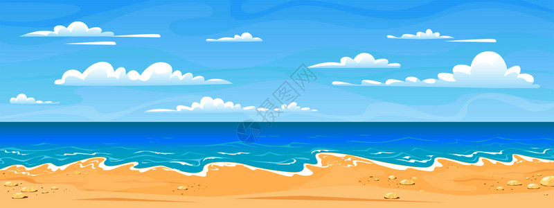 蓝色白天海滨景观夏日阳光沙滩海滩度假背景插画