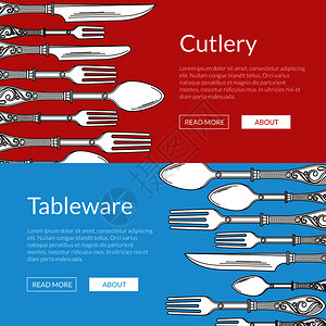 矢量水平网页横幅设置插图与手绘餐具叉子和勺子矢量网络横幅插图与手绘餐具背景图片