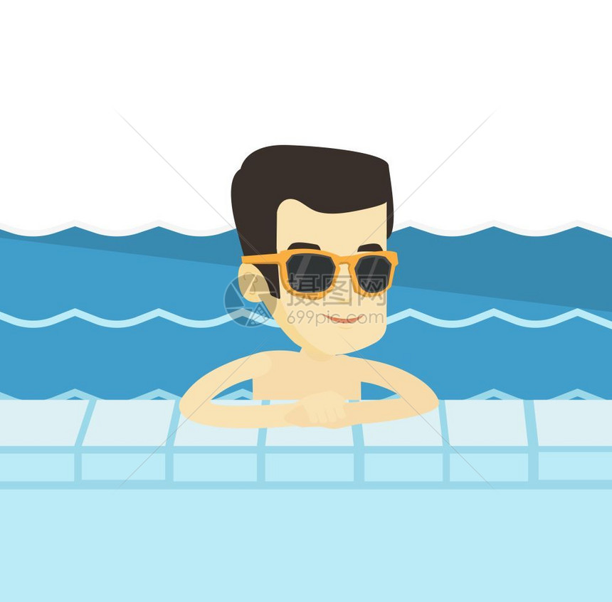 在度假胜地游泳池里放松年轻男人图片