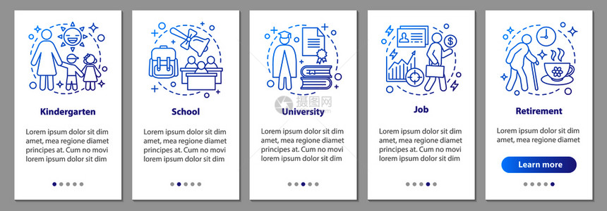 幼儿园学校大工作退休步骤指示uxi带插图的介质矢量模板图片