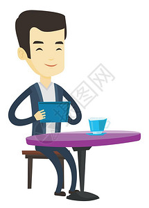 PAD男人在咖啡馆用pad办公场景矢量插画插画
