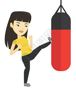拳击手在训练期间打重袋拳击矢量插图图片