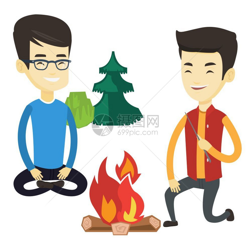 坐在篝火周围的两名朋友玩得开心矢量插图图片