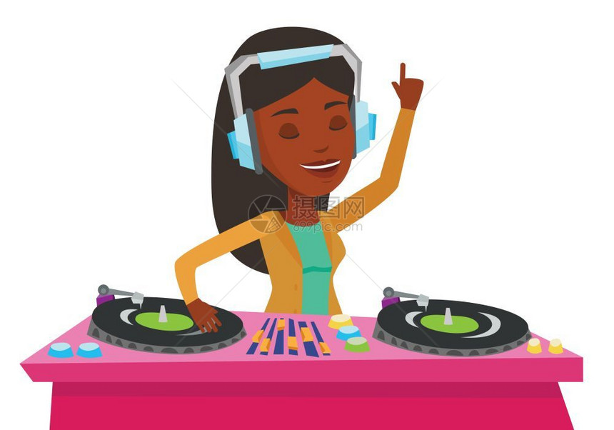 非洲女DJ打碟卡通矢量插画图片