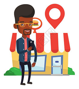 使用手机定位快餐店的非洲男性卡通矢量插画图片