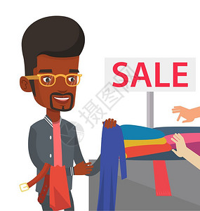 在服装店挑选衣服的非洲男子卡通矢量插画图片