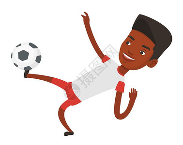 年轻的足球运动员在游戏中踢球矢量插图图片