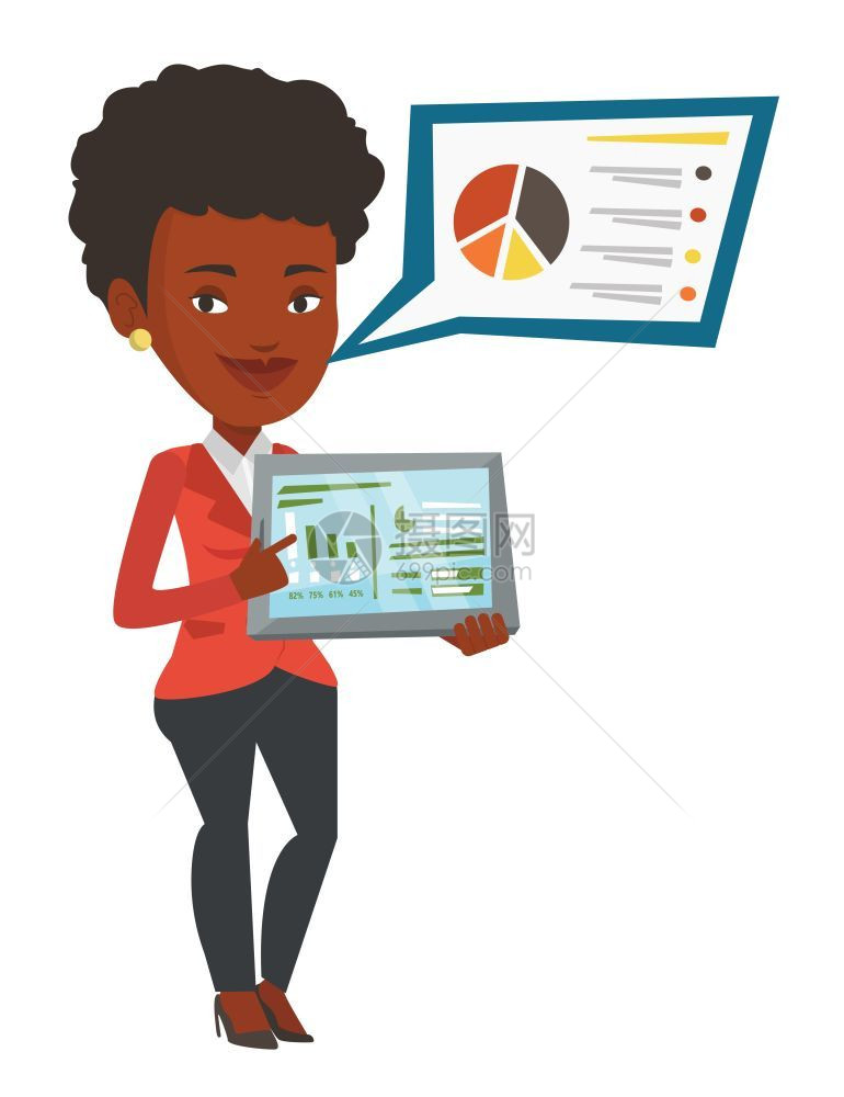 使用平板电脑进行商业汇报的非洲女性卡通矢量插画图片