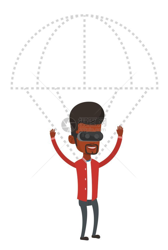 使用VR眼镜体验跳伞的非洲男性卡通矢量插画图片