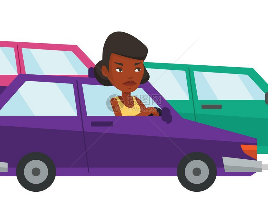 被困在交通堵塞马路上的愤怒的非洲女司机卡通矢量插画图片