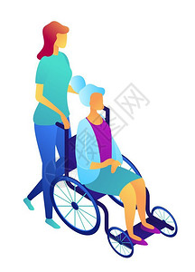 护士推轮椅护士与老年妇女推轮椅插画