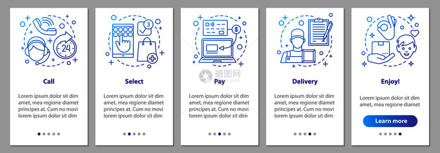 在线购买带有概念的移动应用程序页面屏幕数字采购步骤图形指示uxig矢量模板加插图在线购买带有o的移动应用程序页面屏幕图片