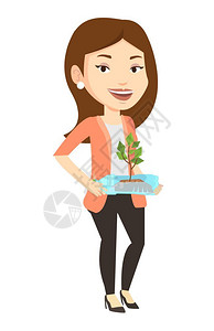 手拿玻璃器皿植物的女人卡通矢量插画图片