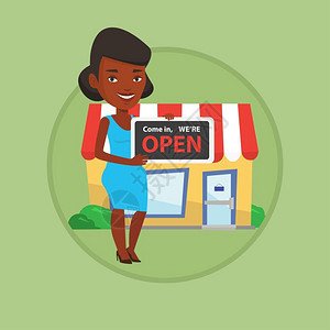 矢量牌子抱着开业牌子站在餐馆门口的非洲女士卡通矢量插画插画