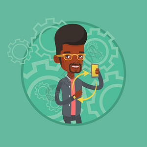 使用智能手机和智能手表同步的非洲男士卡通矢量插画图片