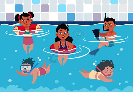 夏天游泳池中快乐的卡通儿童男孩和女孩游泳矢量图图片