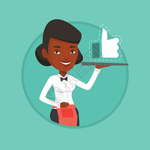 网络服务员托着装有大拇指盘子的非洲女服务员卡通矢量插画插画