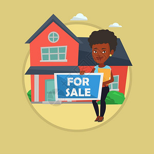 出售房子的非洲女经纪人卡通矢量插画图片