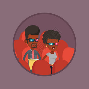 戴着3D眼镜看电影的非洲男女卡通矢量插画图片