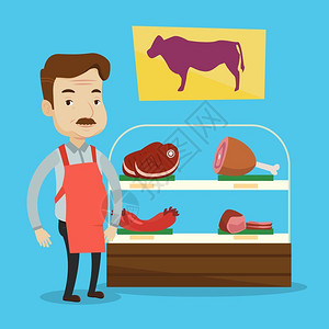 洛绒牛场屠夫在宰场工作柜台前卖鲜肉插画
