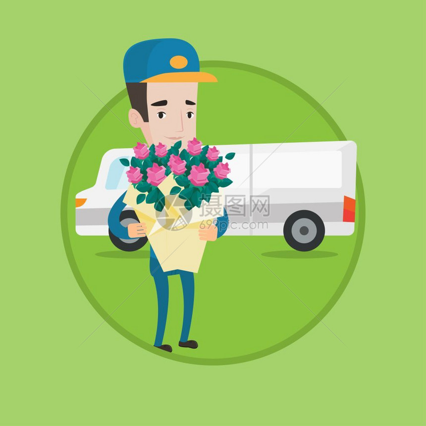 站在汽车前送鲜花的男送货员图片