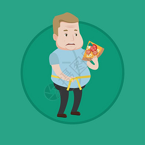 手拿披萨用尺子量腹围的男人卡通矢量插画背景图片