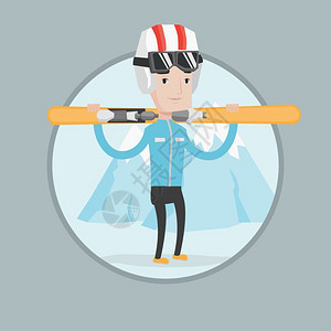 扛着滑雪板站在雪山前的男运动员卡通矢量插画图片