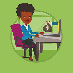 使用笔记本电脑在网上挣钱的非洲女商人卡通矢量插画图片