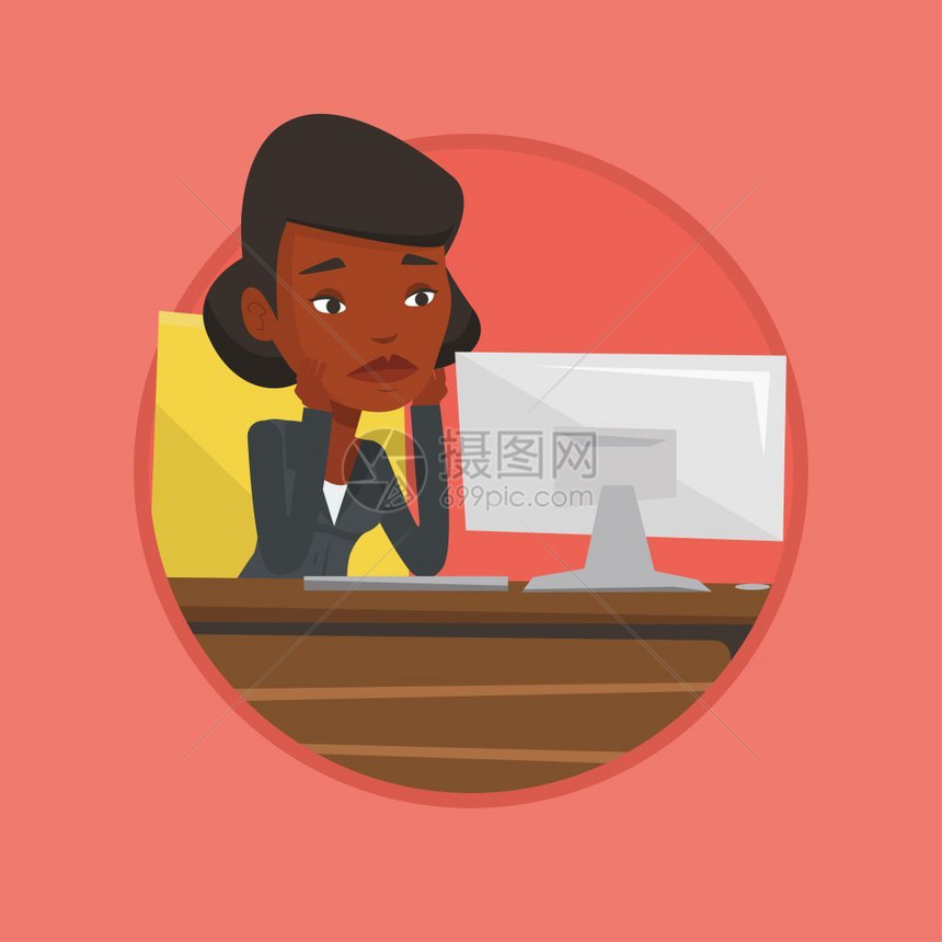坐在计算机前精疲力尽的非洲商务女士卡通矢量插画图片