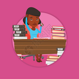 商务女性工作在办公室里过度工作的非洲商务女性卡通矢量插画插画