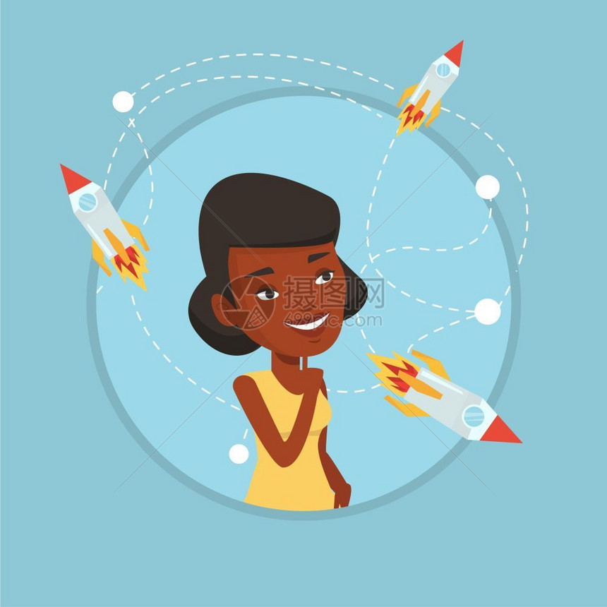 看着火箭飞行的非洲商务女性卡通矢量插画图片