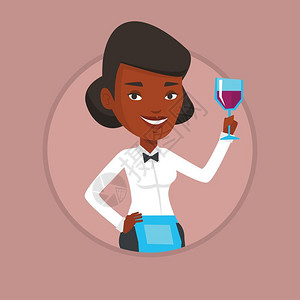 查看红酒的非洲女酒保卡通矢量插画图片