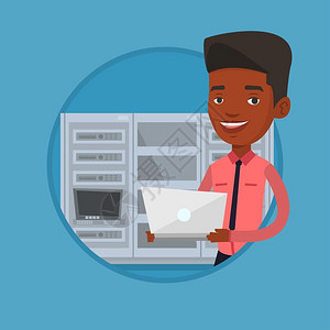 卡通机房服务器在网络服务器机房工作的年轻非洲男人卡通矢量插画插画