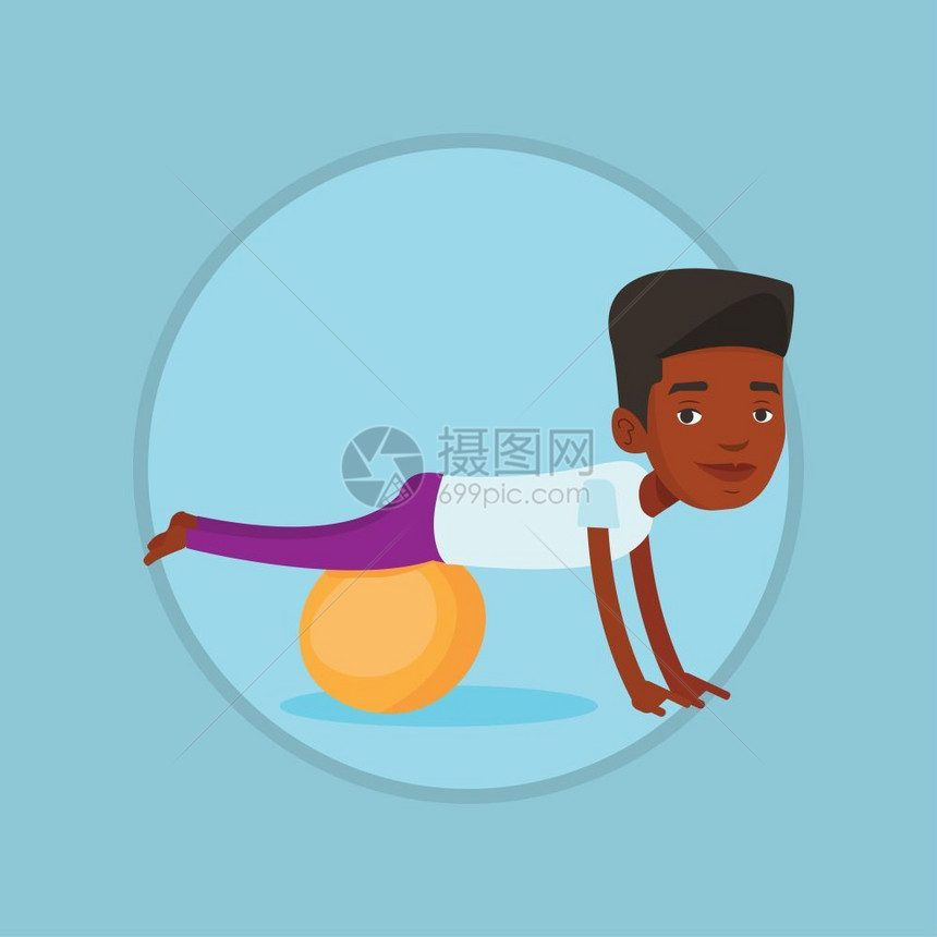 使用健身球运动的非洲男孩卡通矢量插画图片