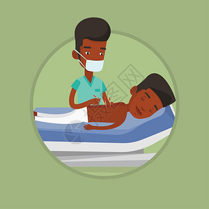 为病人做针灸治疗的非洲男医生卡通矢量插画图片