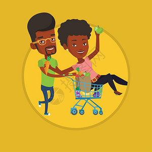 非洲男子推着坐在手推车里的女孩卡通矢量插画图片